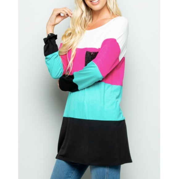 Colorblock Stripe Long Sleeve Top Sequin Sparkle - Picture 3 of 5
